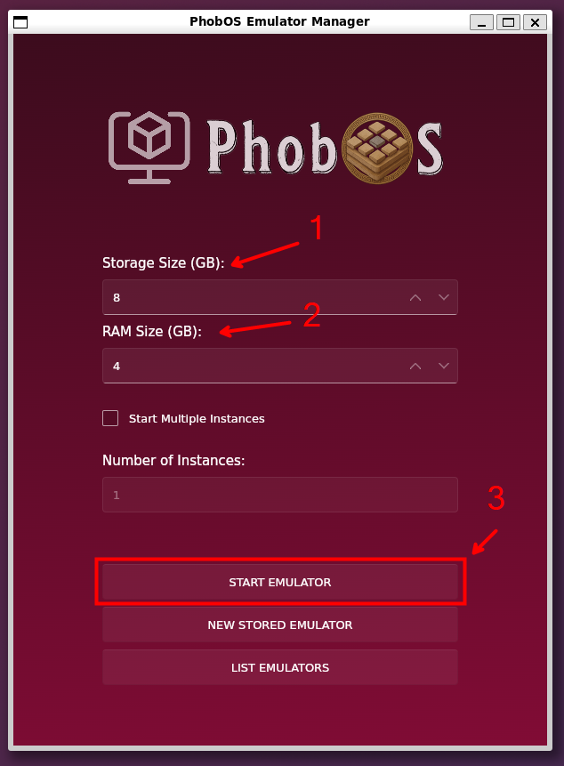PhobOS Emulator Manager choose ram storage size